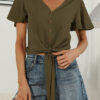 Fashion Sweet Solid Split Joint V Neck T-Shirts