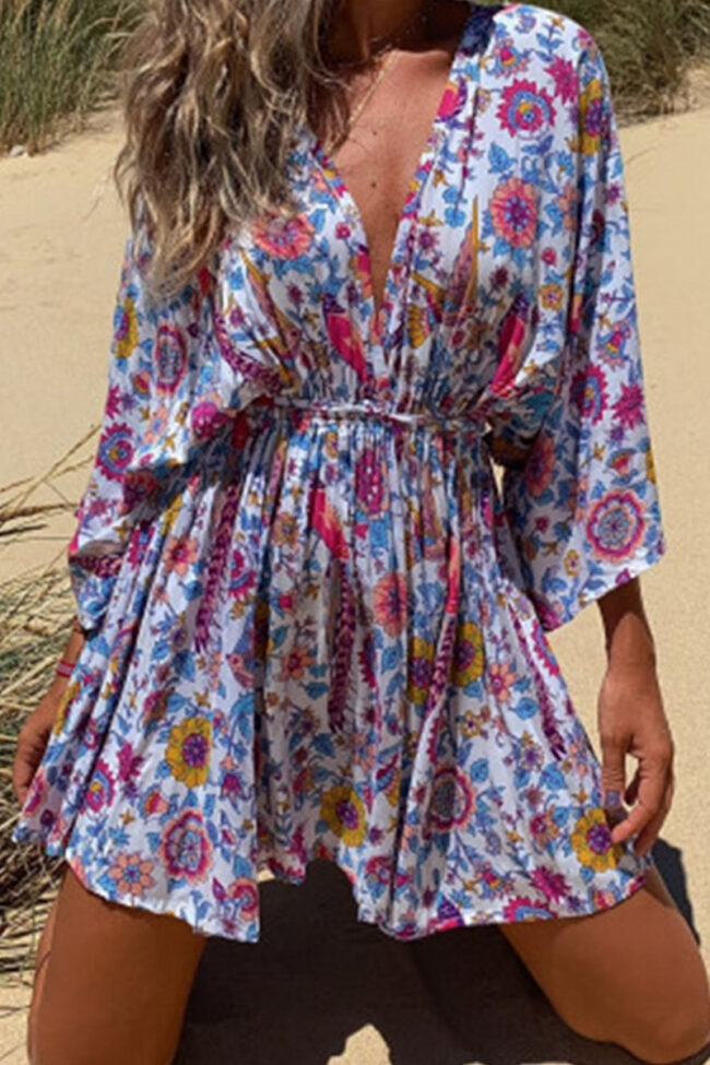 Fashion Street Print Split Joint V Neck A Line Dresses