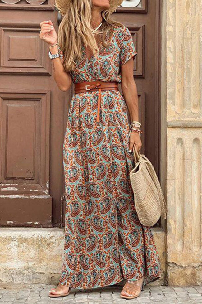 Fashion Street Print Split Joint V Neck A Line Dresses