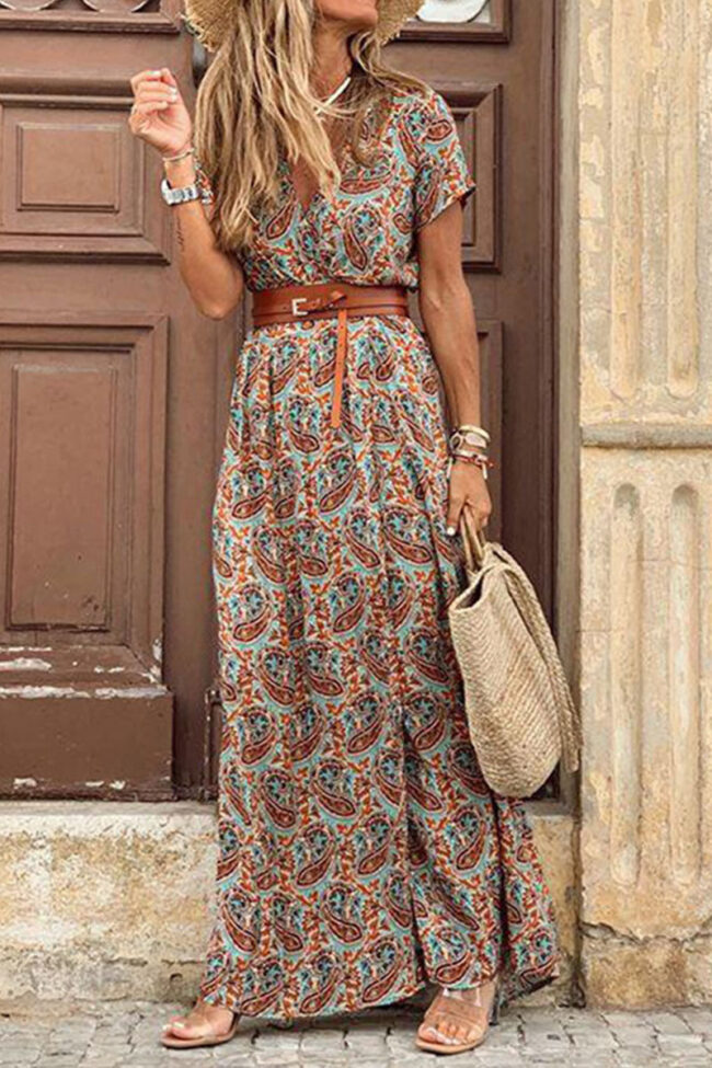 Fashion Street Print Split Joint V Neck A Line Dresses