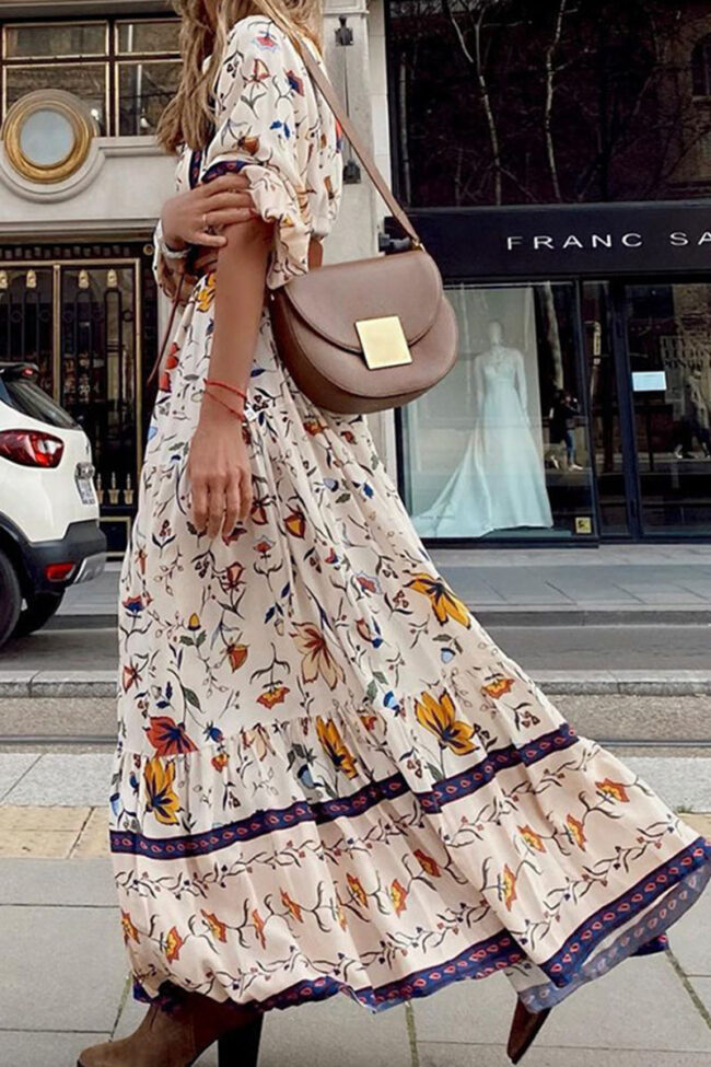 Fashion Street Print Split Joint V Neck A Line Dresses