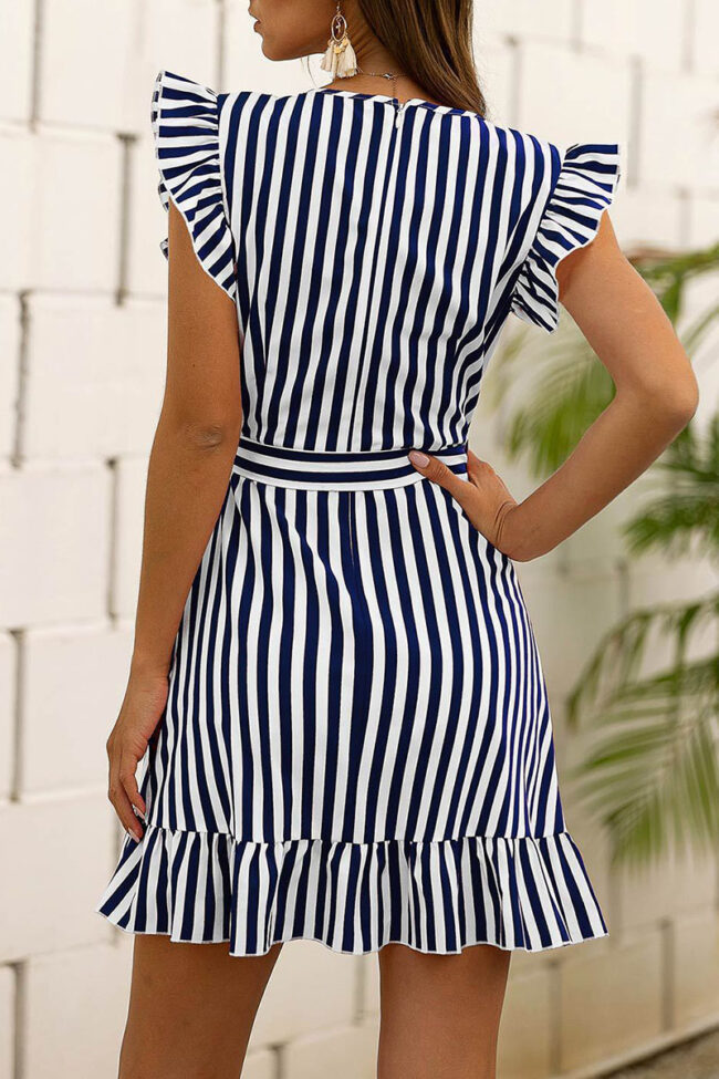 Fashion Sweet Striped Split Joint O Neck Irregular Dresses