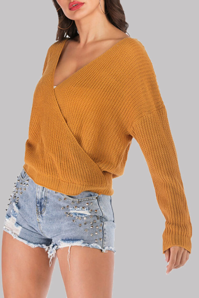 Fashion Street Solid Split Joint V Neck Tops