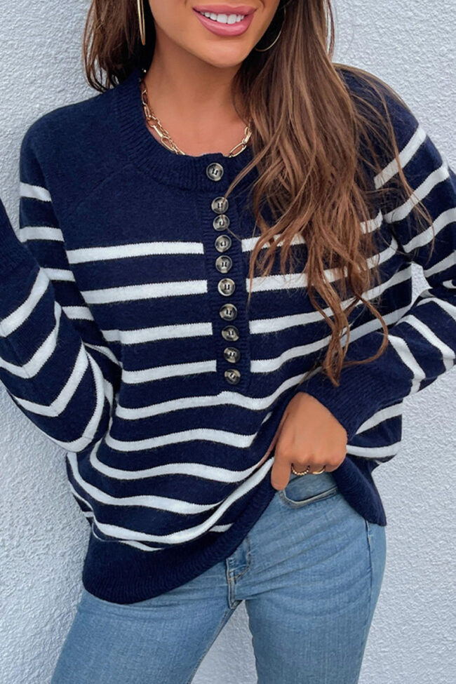 Fashion Sweet Striped Split Joint O Neck Tops