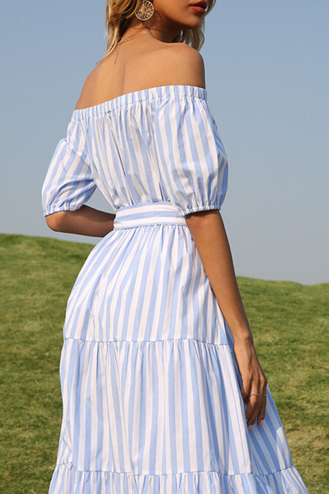 Sweet Striped Split Joint Off the Shoulder A Line Dresses