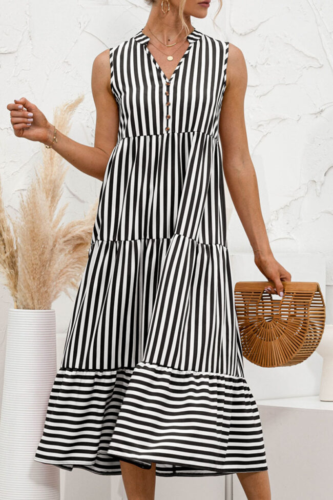 Fashion Sweet Striped Split Joint V Neck A Line Dresses