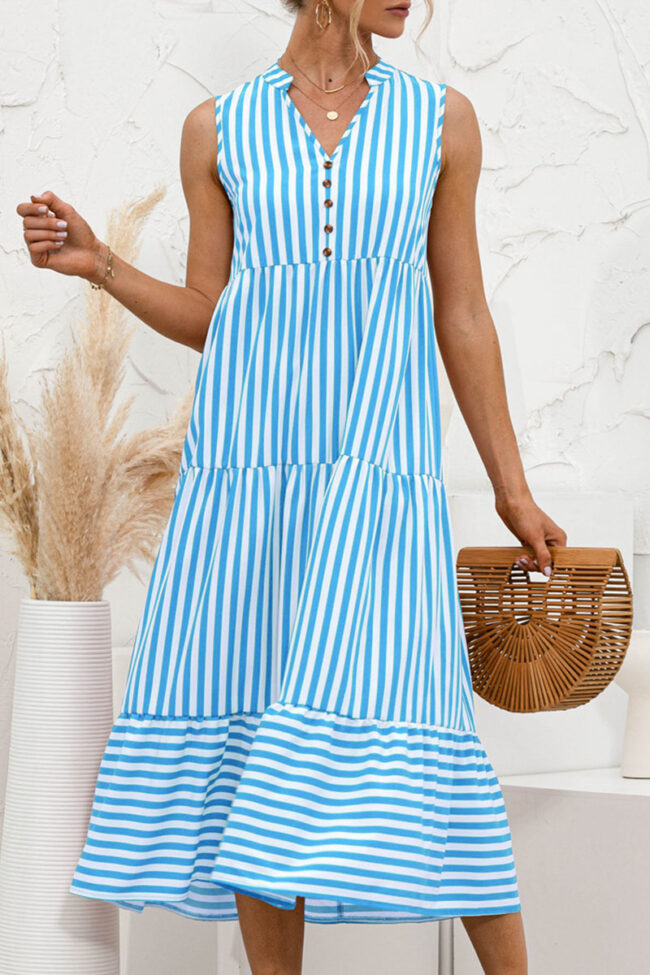 Fashion Sweet Striped Split Joint V Neck A Line Dresses