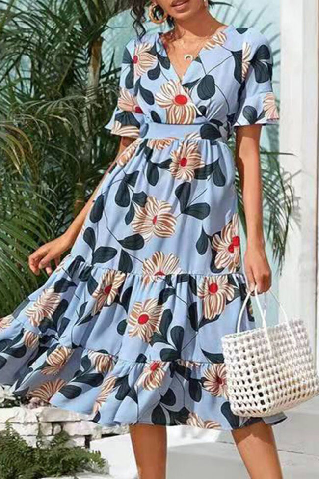 Fashion Street Print Split Joint V Neck A Line Dresses