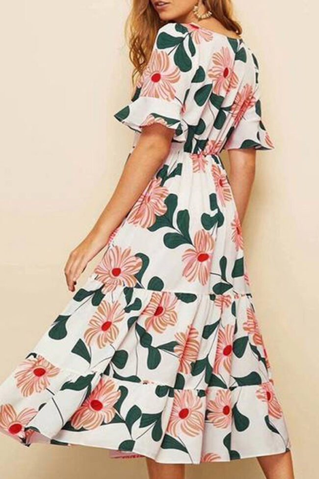 Fashion Street Print Split Joint V Neck A Line Dresses