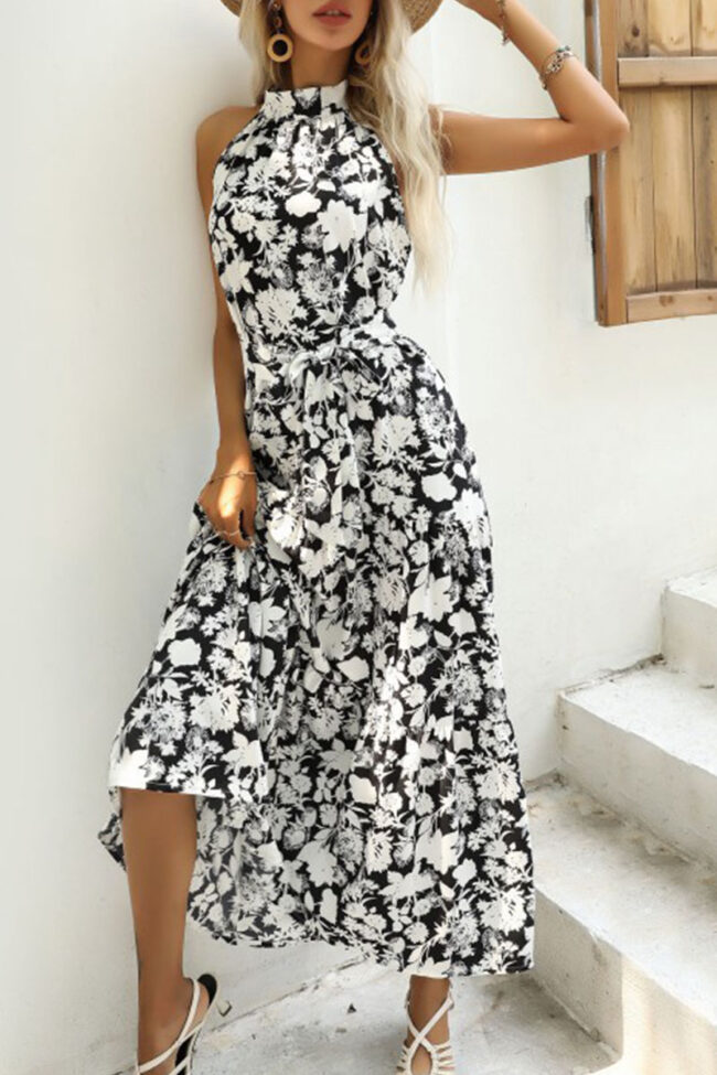 Fashion Street Print Split Joint Halter A Line Dresses