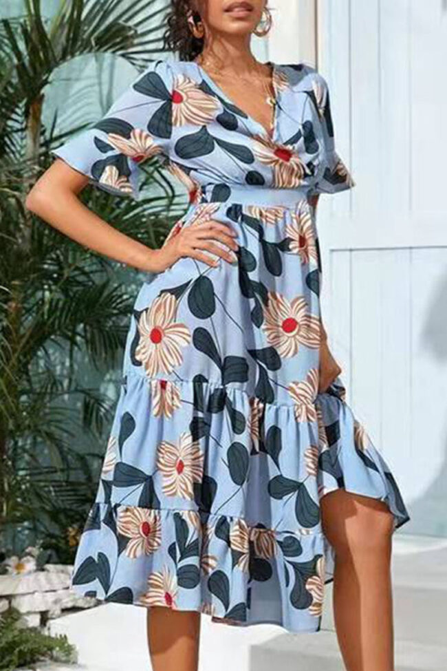 Fashion Street Print Split Joint V Neck A Line Dresses