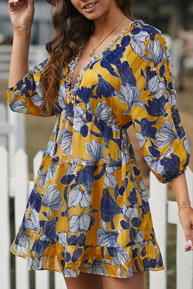 Fashion Street Print Split Joint V Neck A Line Dresses