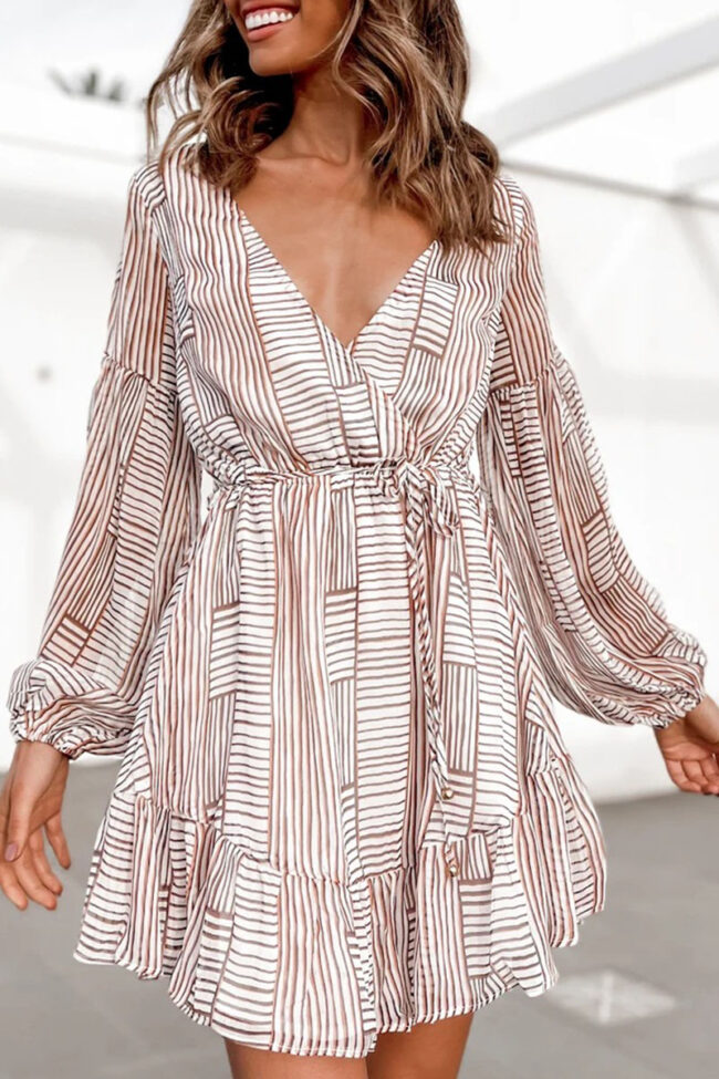 Fashion Sweet Striped Split Joint V Neck A Line Dresses