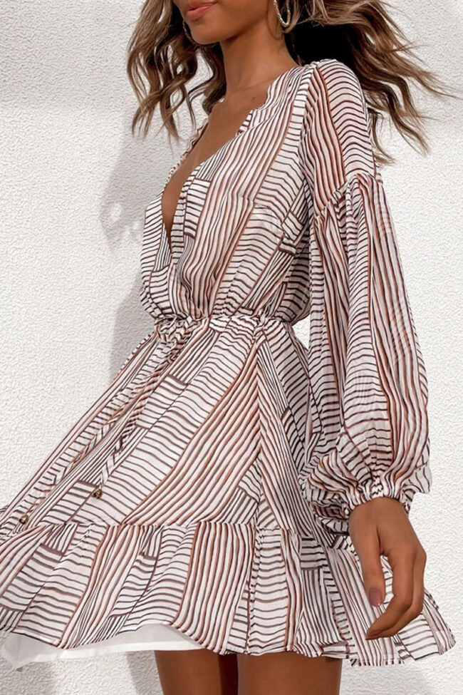 Fashion Sweet Striped Split Joint V Neck A Line Dresses