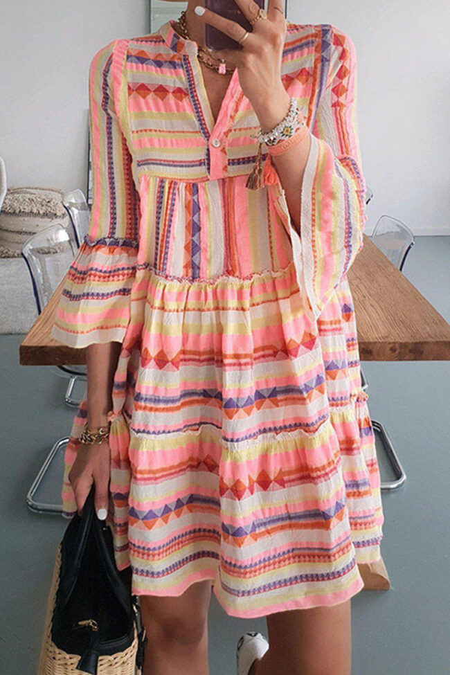 Fashion Sweet Striped Split Joint V Neck Princess Dresses