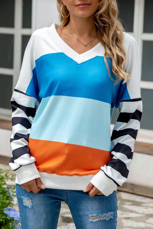 Fashion Sweet Striped Split Joint V Neck T-Shirts