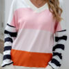 Fashion Sweet Striped Split Joint V Neck T-Shirts