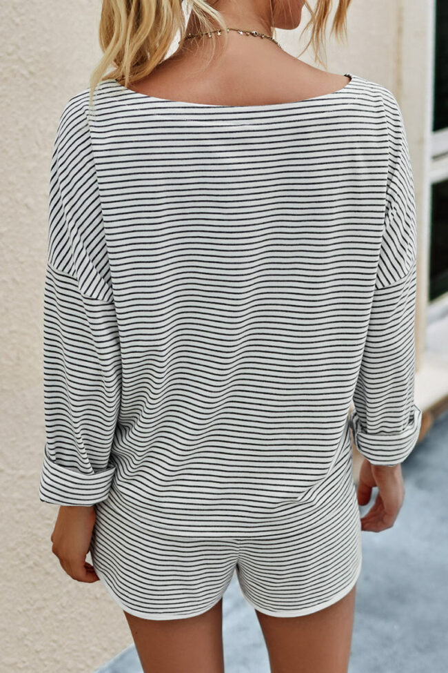 Fashion Street Striped Split Joint O Neck Long Sleeve Two Pieces