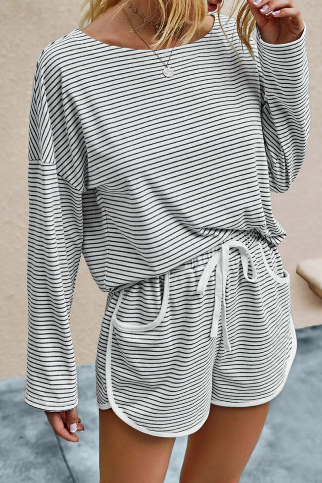 Fashion Street Striped Split Joint O Neck Long Sleeve Two Pieces