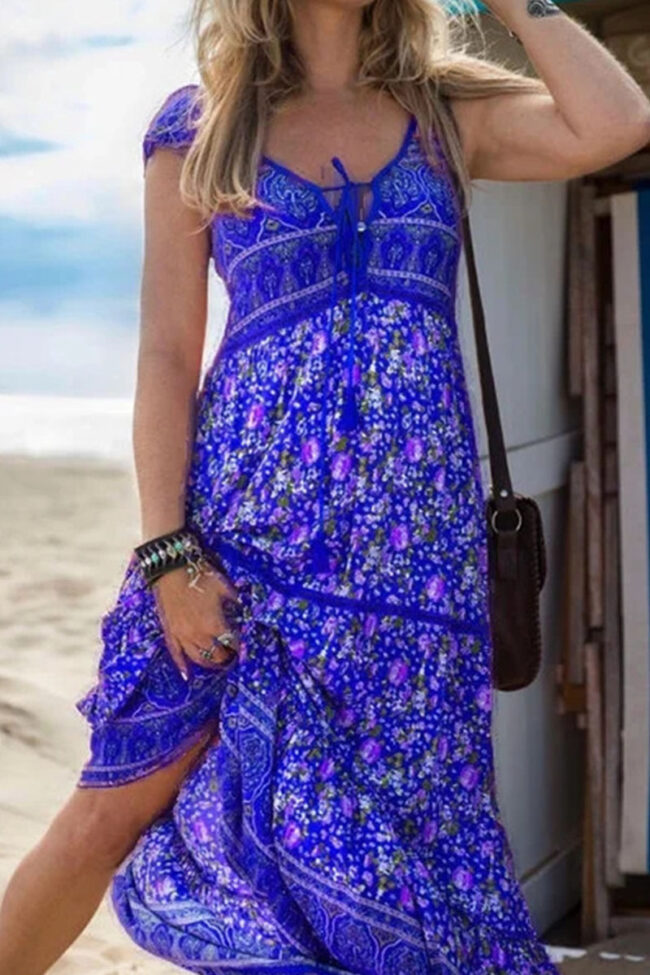 Fashion Vacation Print Split Joint V Neck A Line Dresses