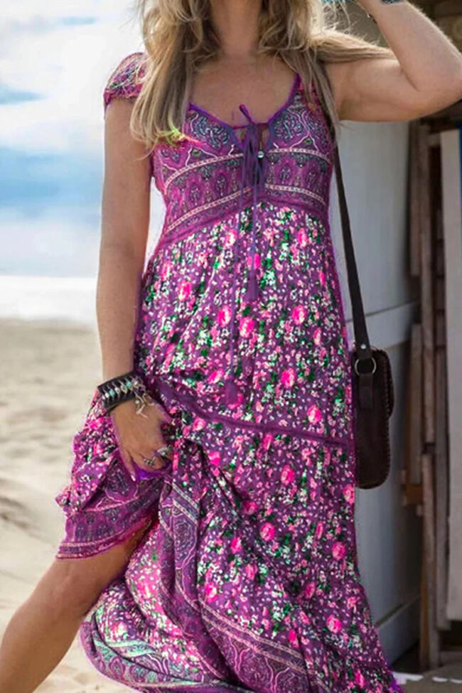 Fashion Vacation Print Split Joint V Neck A Line Dresses - Image 4