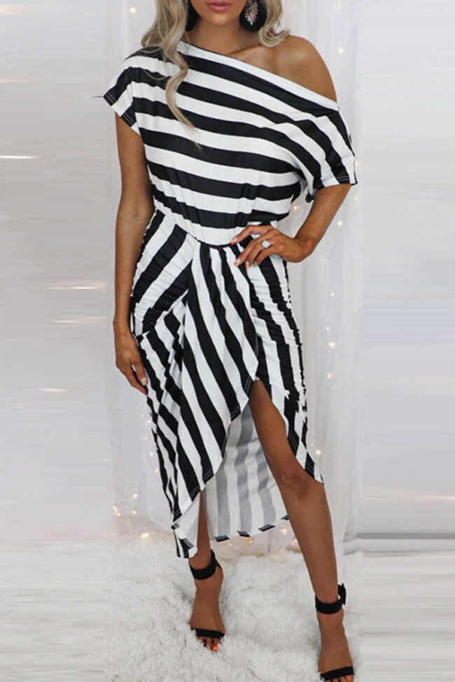 Street Striped Split Joint Off the Shoulder Irregular Dresses