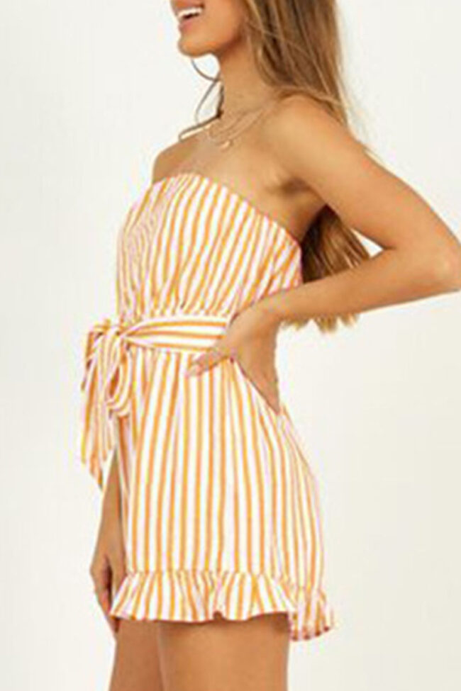 Fashion Street Striped Split Joint Strapless Loose Jumpsuits