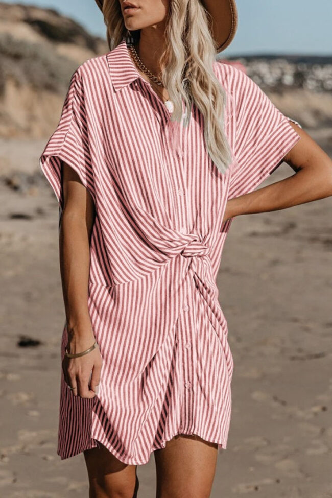 Street Striped Split Joint Turndown Collar A Line Dresses