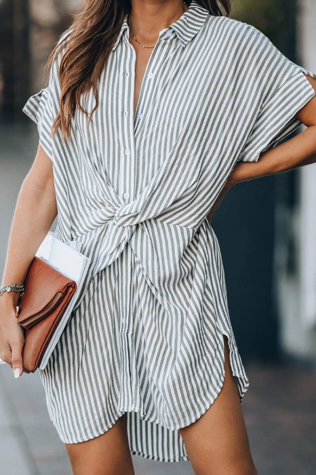 Street Striped Split Joint Turndown Collar A Line Dresses