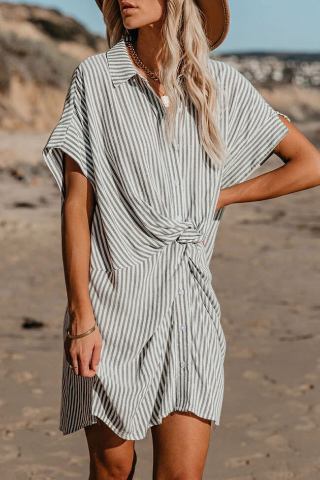 Street Striped Split Joint Turndown Collar A Line Dresses