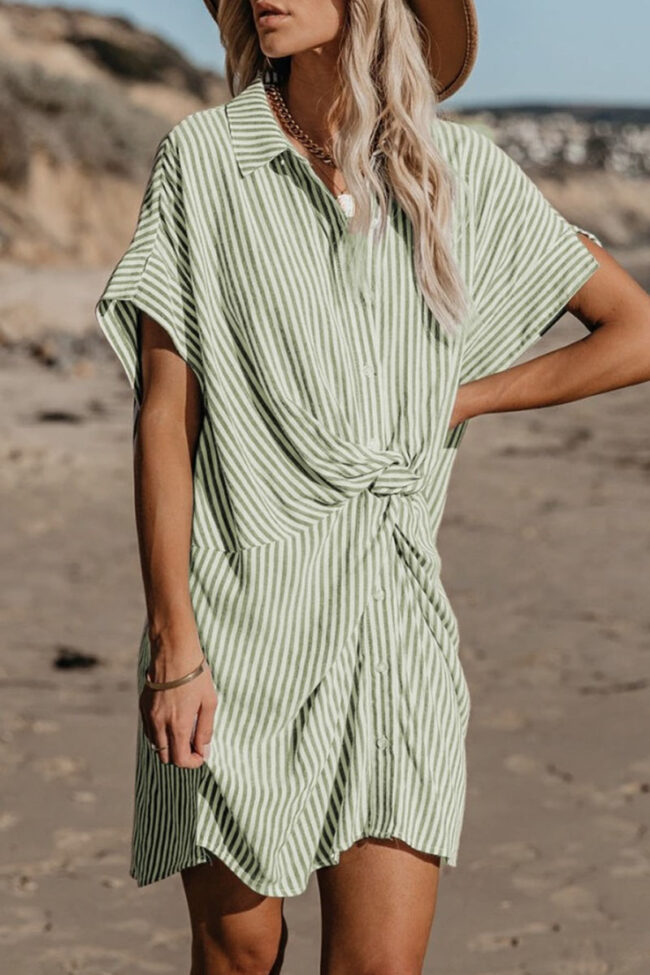 Street Striped Split Joint Turndown Collar A Line Dresses