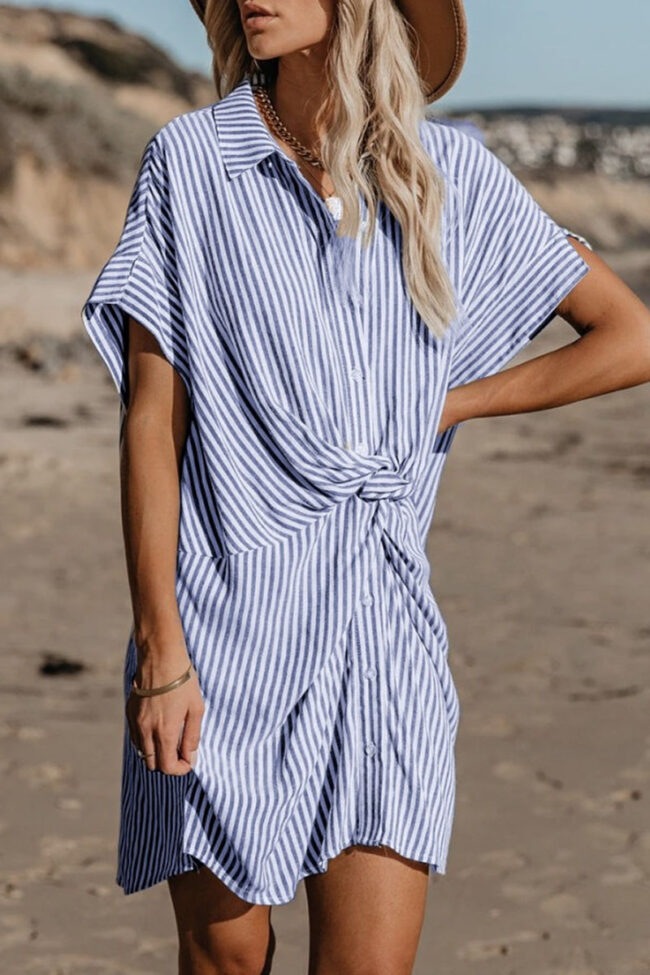 Street Striped Split Joint Turndown Collar A Line Dresses