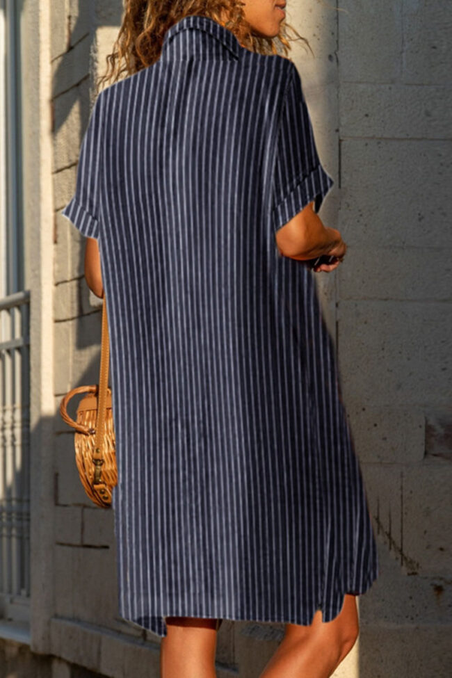 Street Striped Split Joint Turndown Collar Straight Dresses
