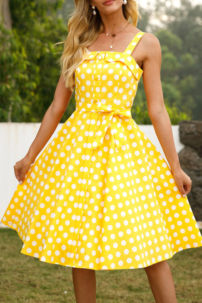 Vintage Polka Dot Split Joint Spaghetti Strap A Line Dresses