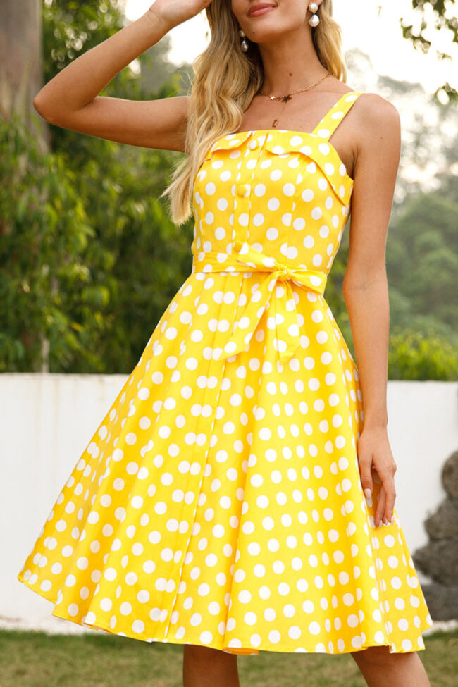 Vintage Polka Dot Split Joint Spaghetti Strap A Line Dresses