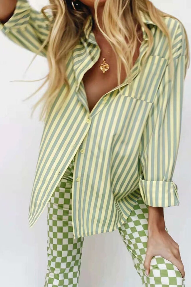 Fashion Street Striped Split Joint Turndown Collar Tops