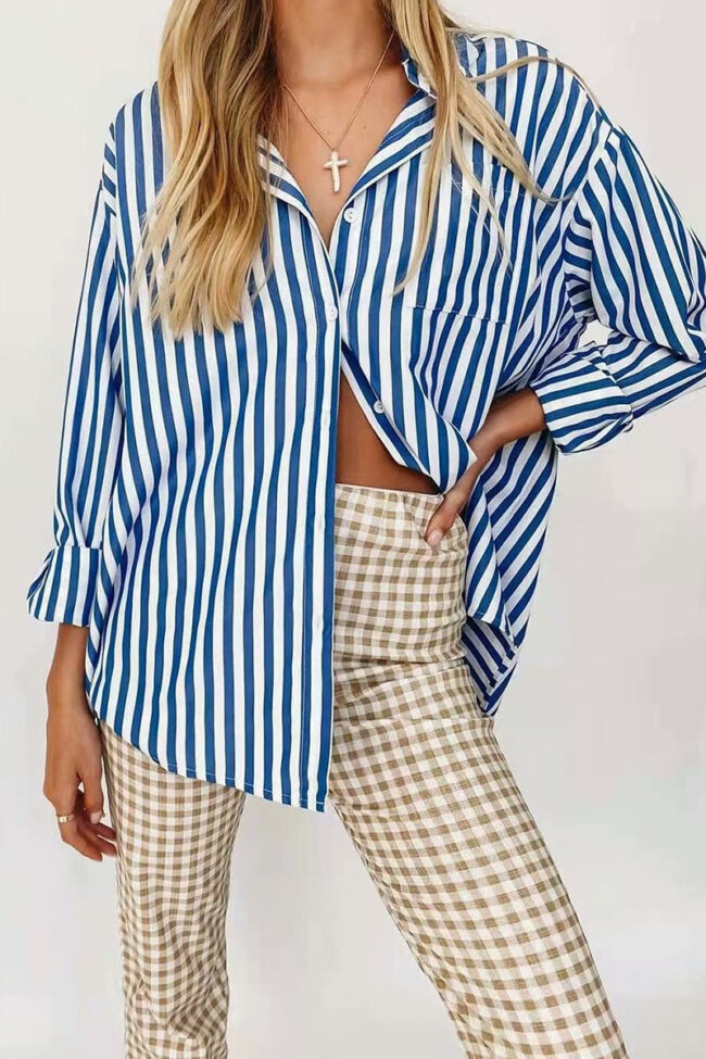 Fashion Street Striped Split Joint Turndown Collar Tops