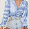 Fashion Street Striped Split Joint Turndown Collar Tops