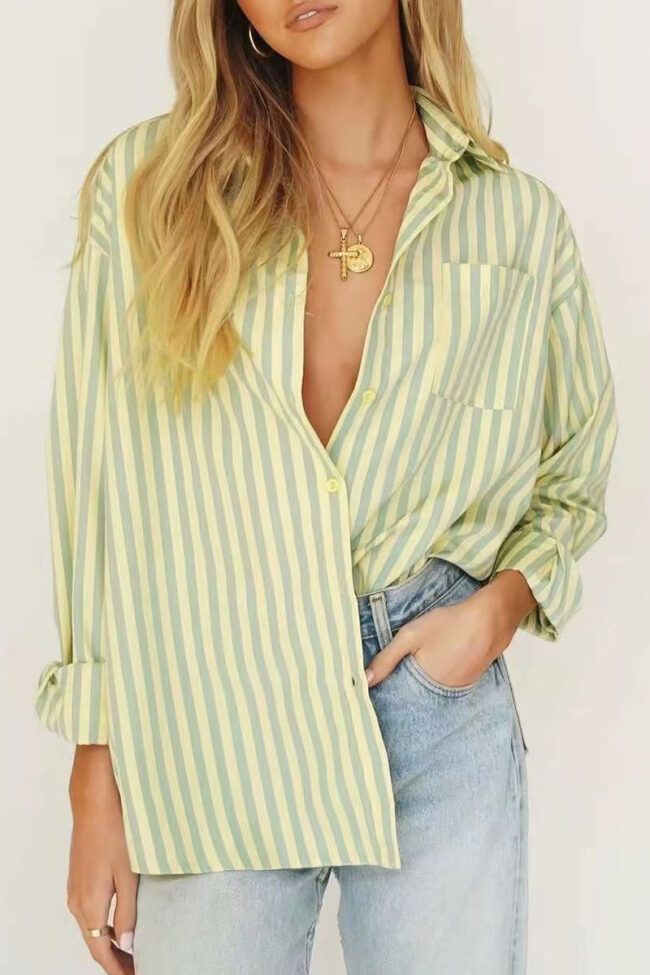 Fashion Street Striped Split Joint Turndown Collar Tops