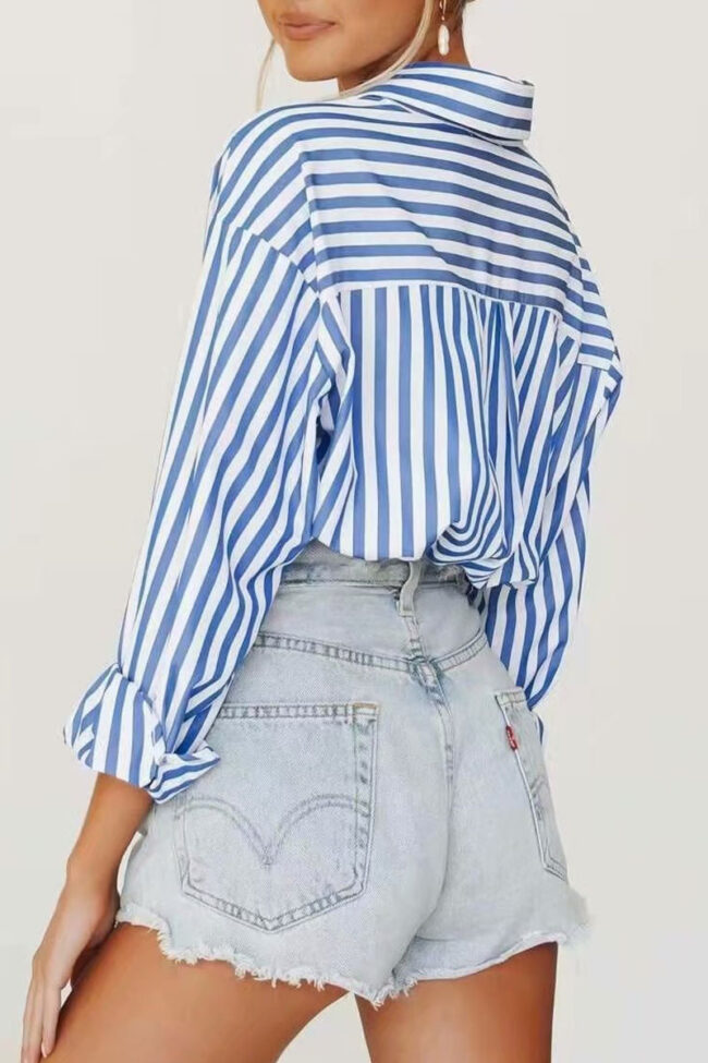 Fashion Street Striped Split Joint Turndown Collar Tops