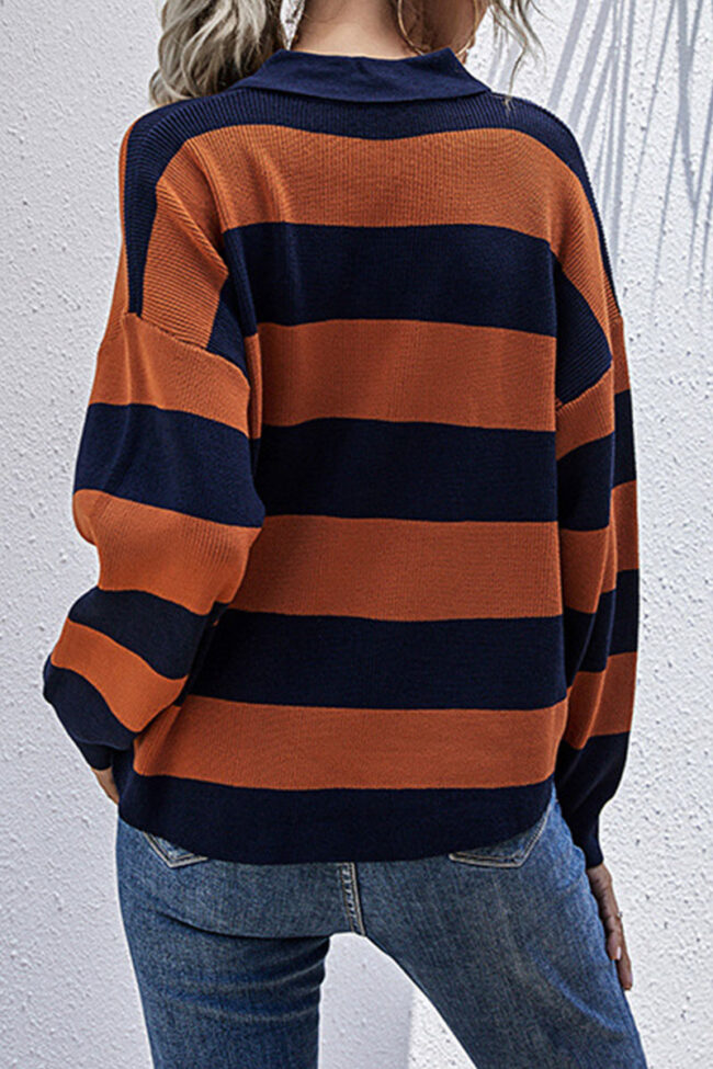 Fashion Street Striped Split Joint Turndown Collar Tops