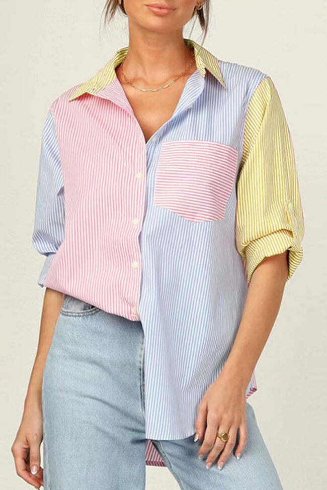 Fashion Street Striped Split Joint Turndown Collar Tops