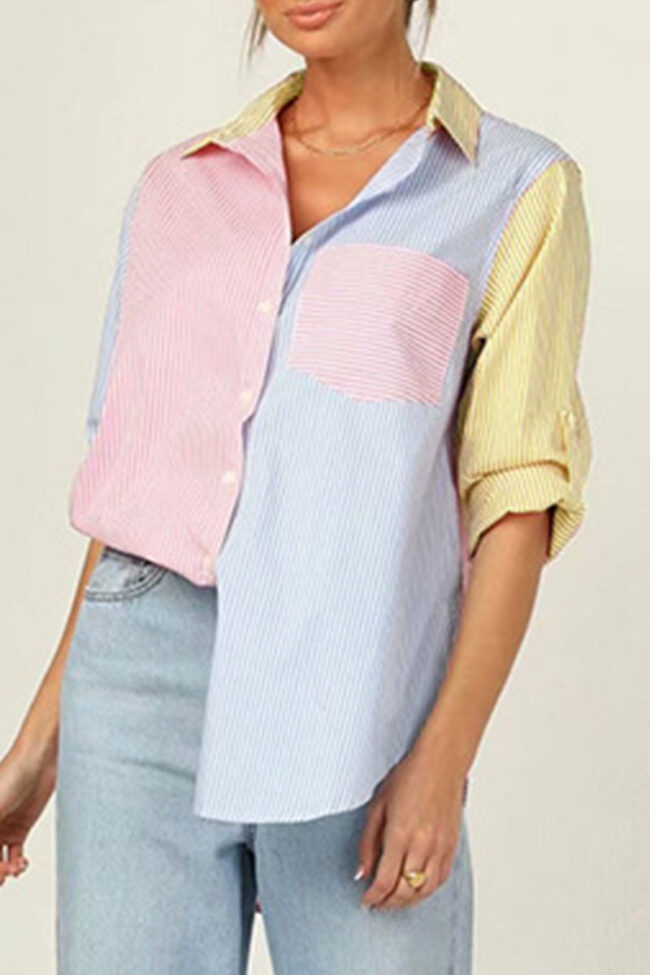 Fashion Street Striped Split Joint Turndown Collar Tops