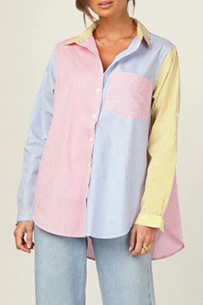 Fashion Street Striped Split Joint Turndown Collar Tops