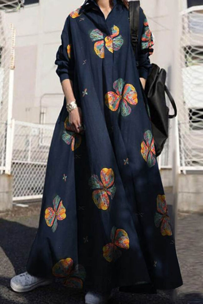 Fashion Vintage Print Split Joint Turndown Collar A Line Dresses