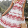 Fashion Street Striped Split Joint V Neck Cake Skirt Dresses