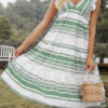 Fashion Street Striped Split Joint V Neck Cake Skirt Dresses