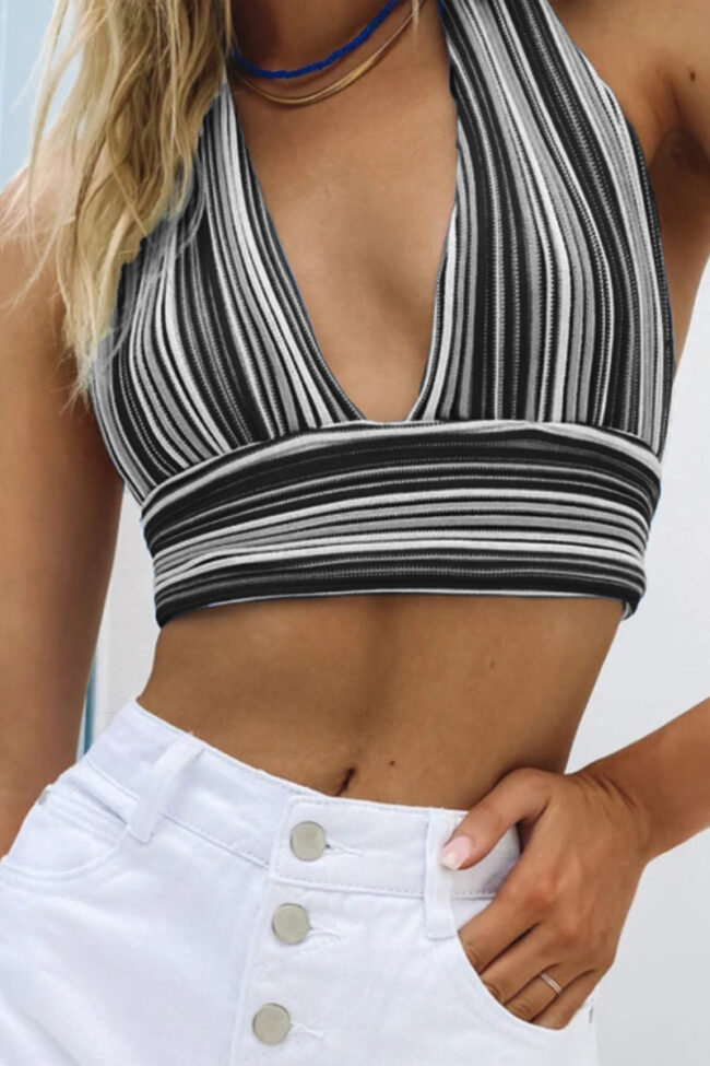 Fashion Street Striped Split Joint V Neck Tops