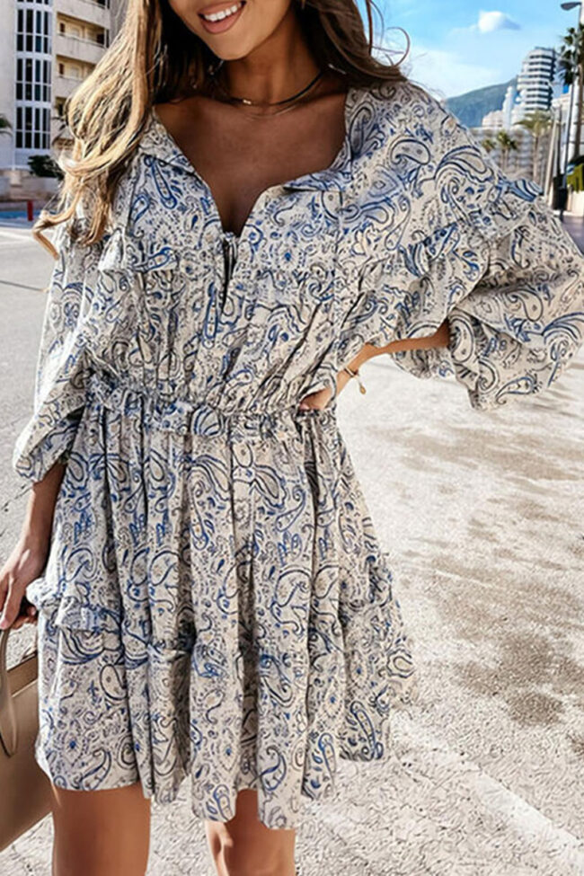 Fashion Street Print Split Joint V Neck A Line Dresses