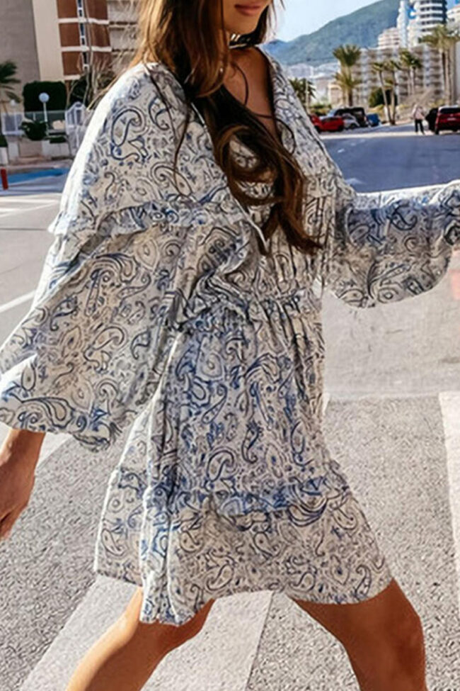 Fashion Street Print Split Joint V Neck A Line Dresses